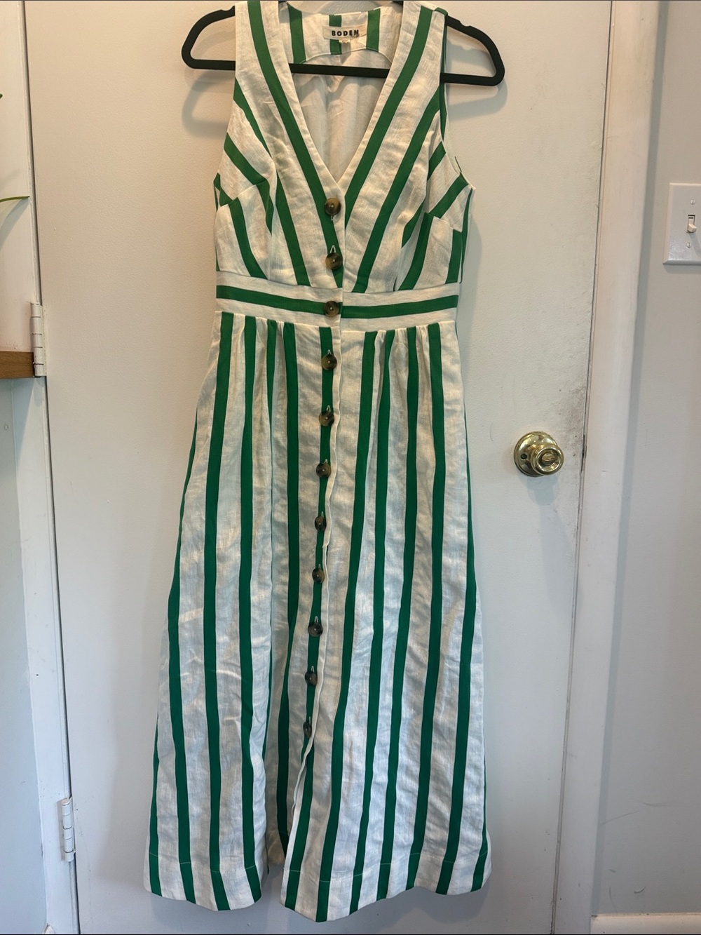 Boden Green and White Striped V-Neck Button Midi Dress